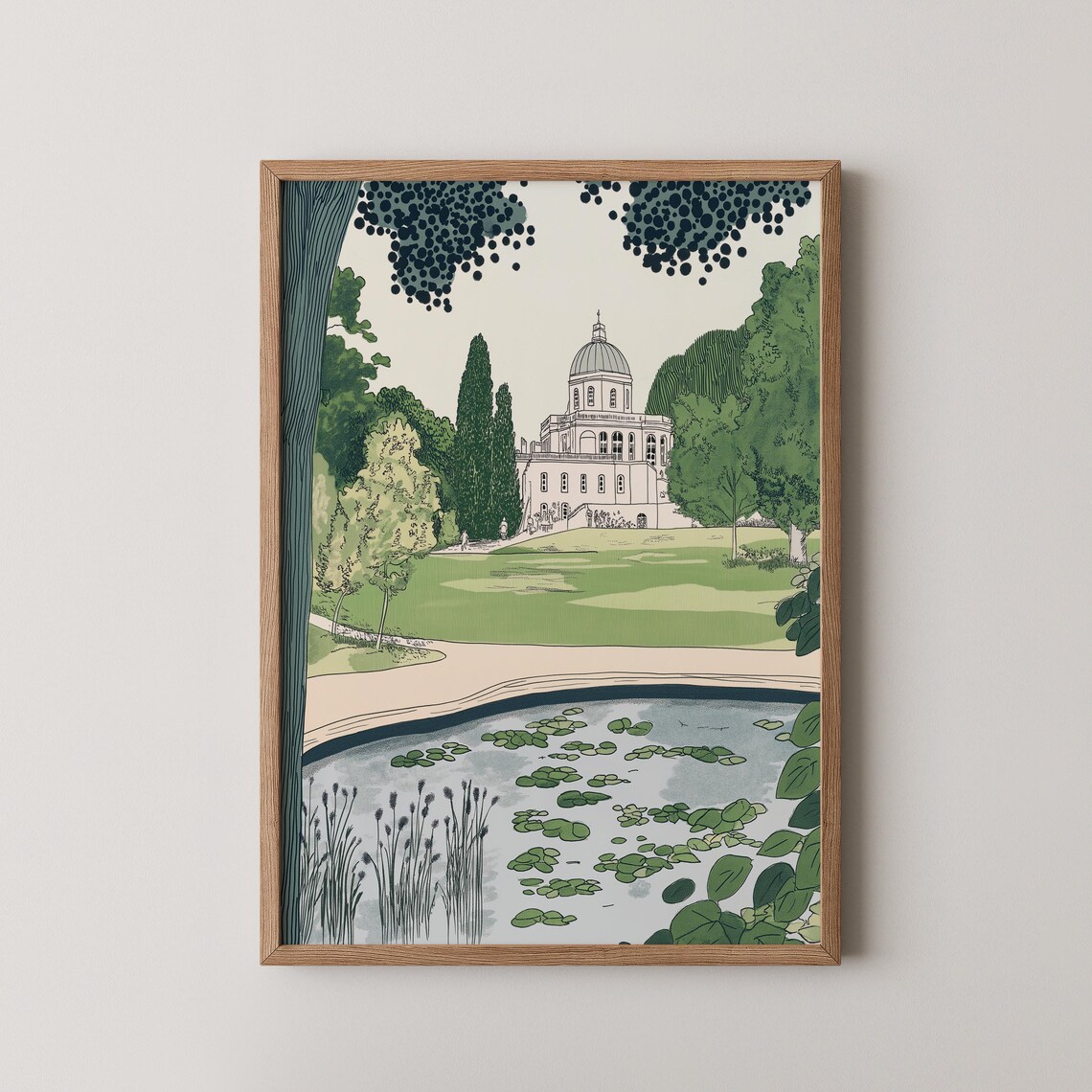 European Villa by Lily Pond Formal Garden Illustration Art Print