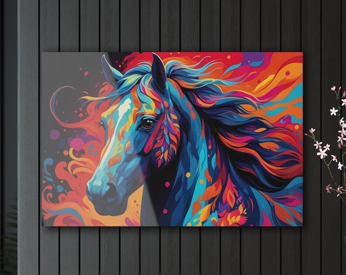 Vibrant Blue Horse Portrait Fiery Abstract Equine Animal Poster