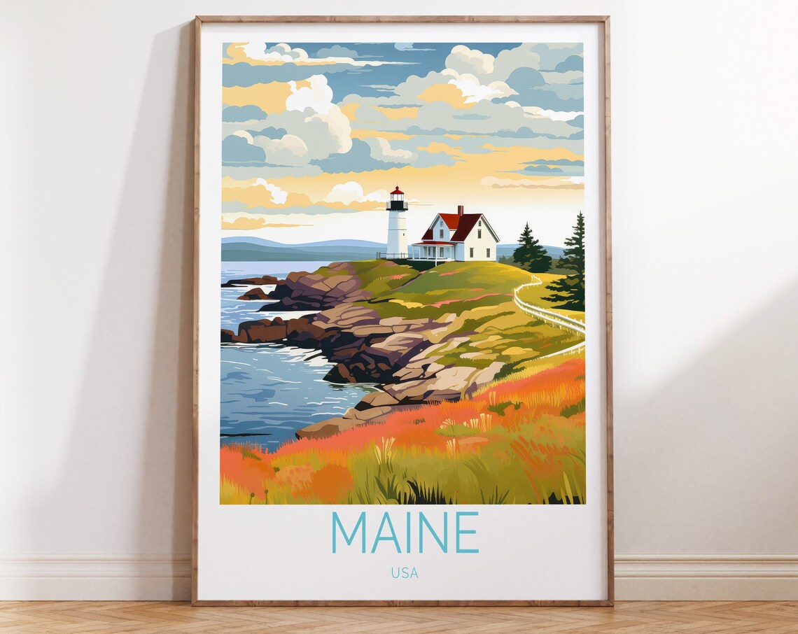 Charming Maine USA Coastal Lighthouse Rocky Headland Fall Poster