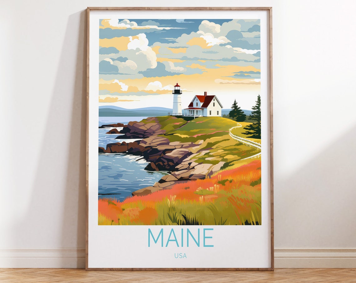 Maine Usa Travel Poster Augusta Maine State Travel Wall Art Maine Traveler Gift Usa States Poster Usa Travel Prints
