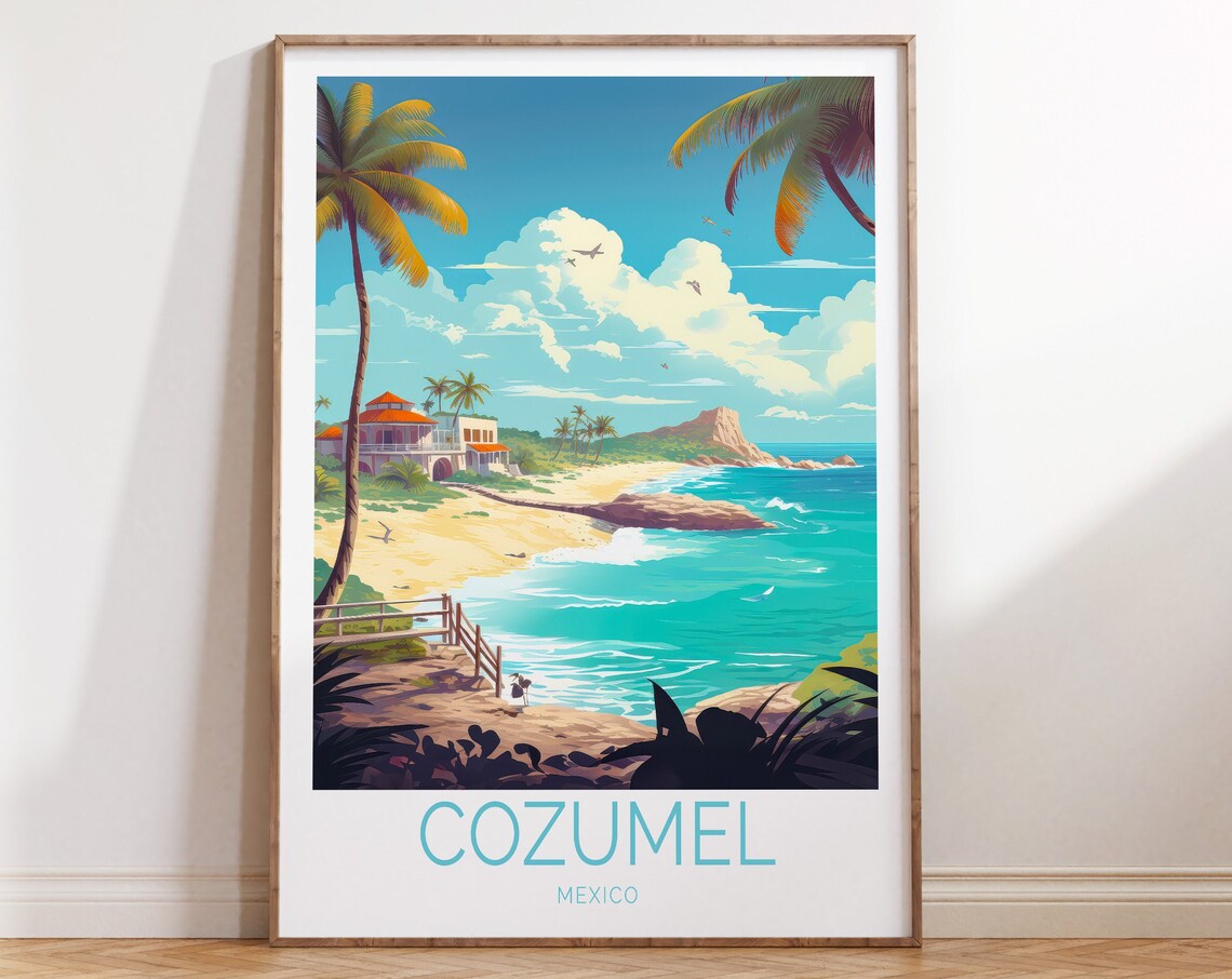 Cozumel Mexico Tropical Beach Palms Paradise Vintage Travel Poster