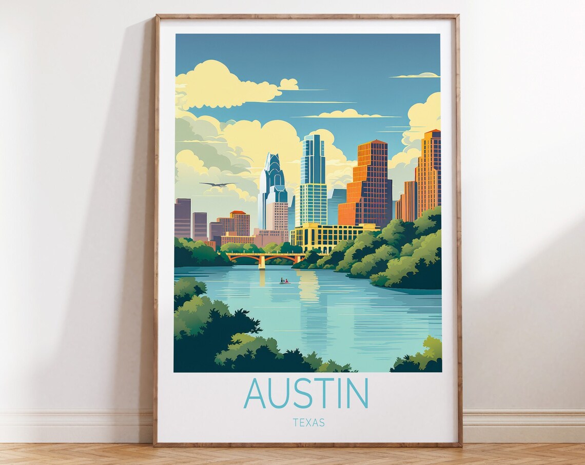 Austin Texas Skyline Over the Colorado River at Dusk Travel Poster