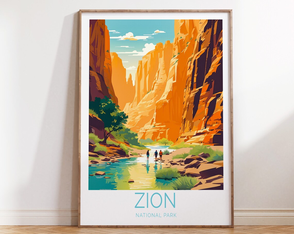 Zion National Park Canyon Hikers At River Valley Travel Poster