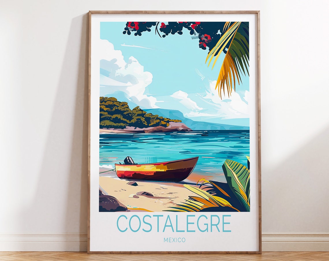 Costalegre Mexico Tropical Beach Boat Retro Style Travel Poster