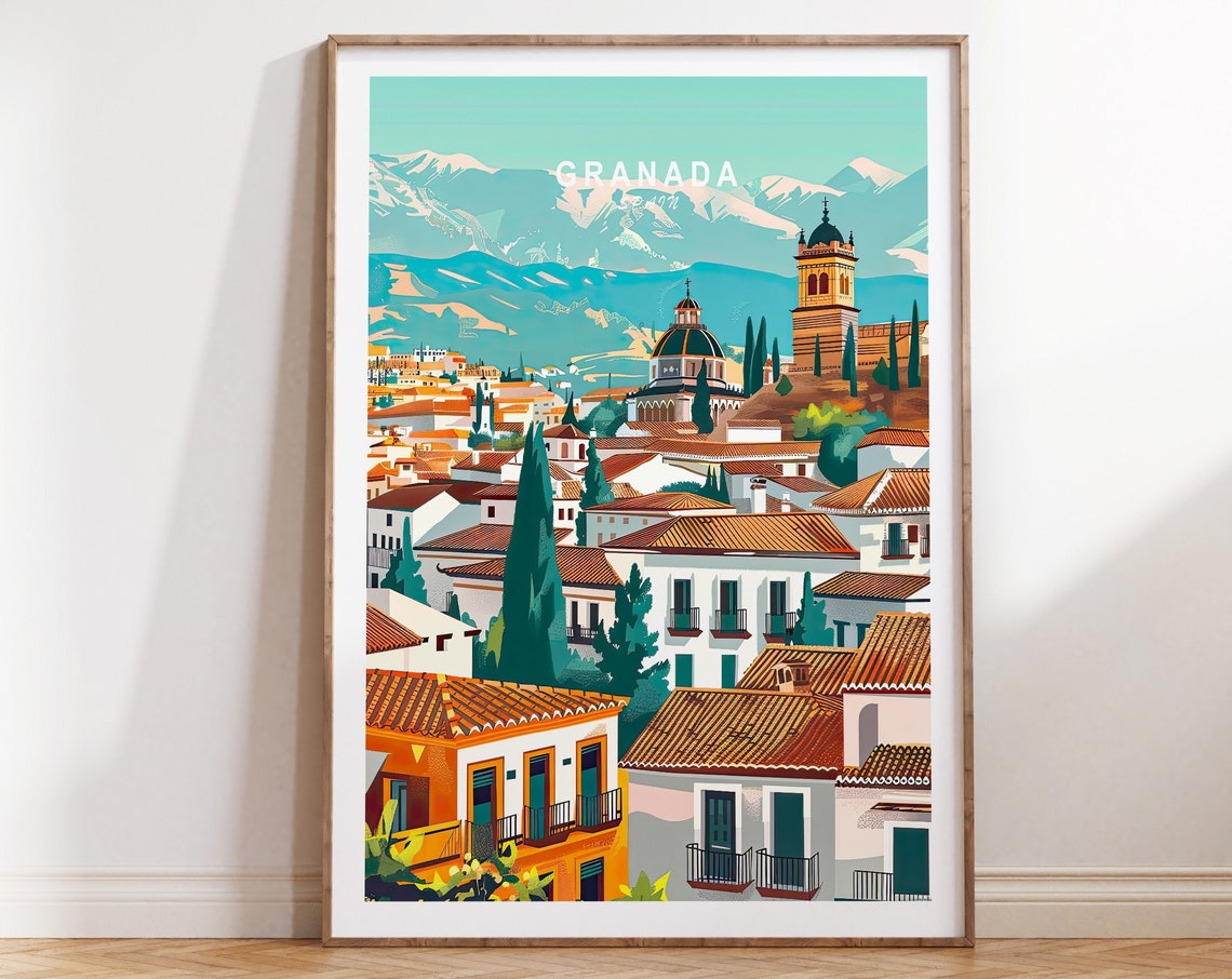 Granada Spain Albaicin Old Town Snowy Mountains Travel Poster