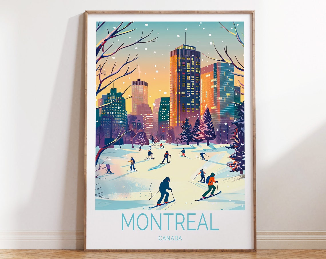 Montreal Winter City Skiers Snowy Park Sunset Travel Poster View