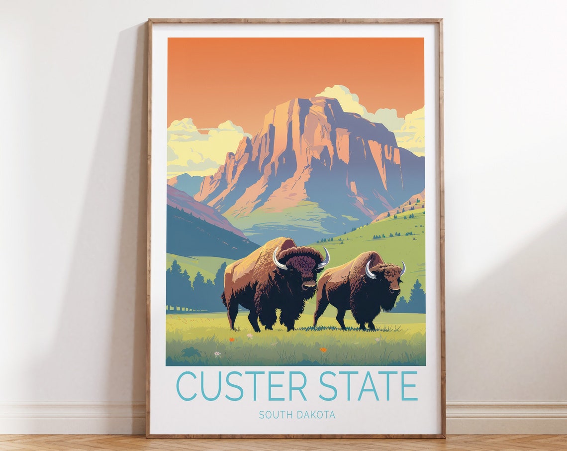 Custer State South Dakota Bison Herd Prairie Mountain Travel Poster