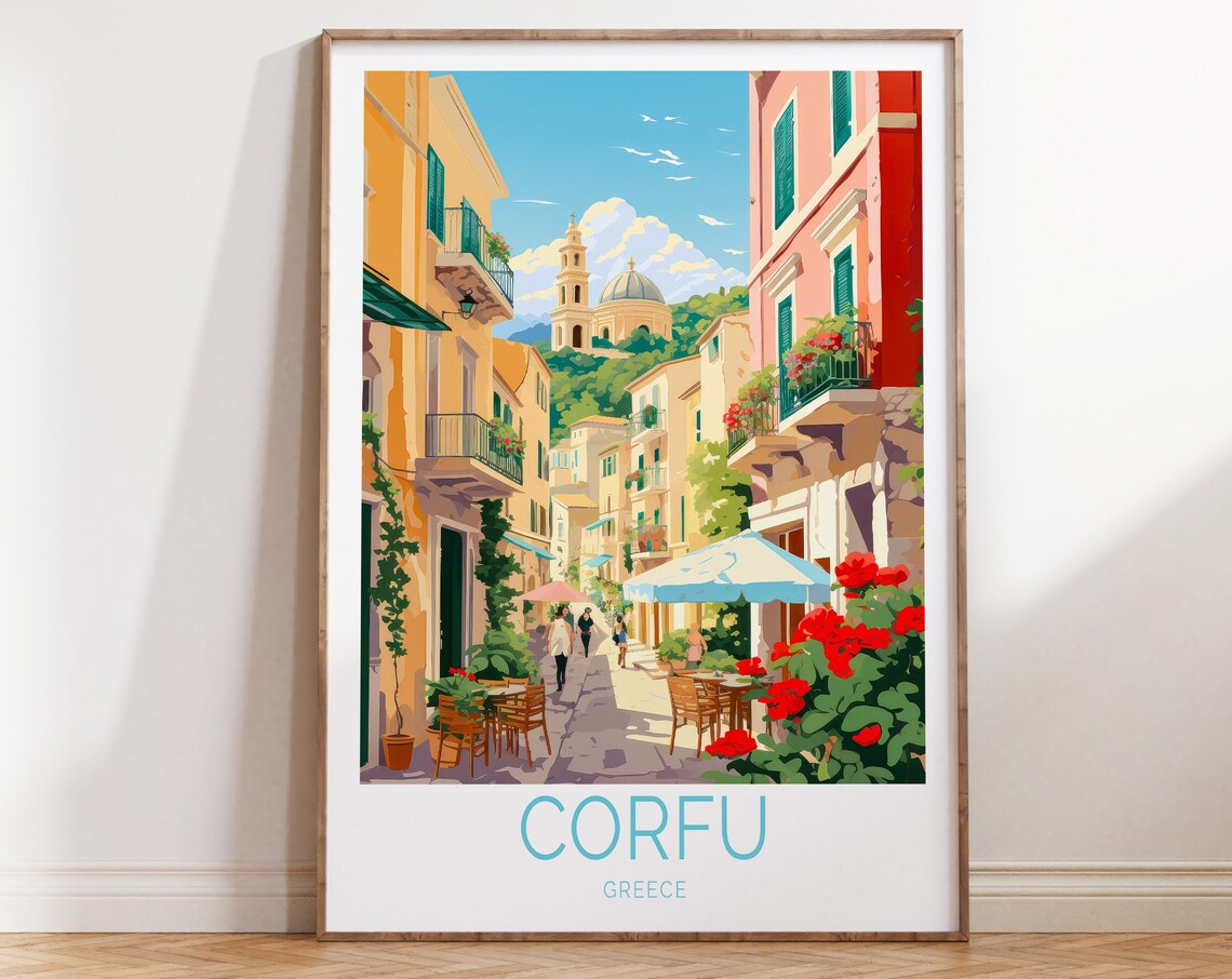 Corfu Greece Travel Poster, Coastal Travel Art