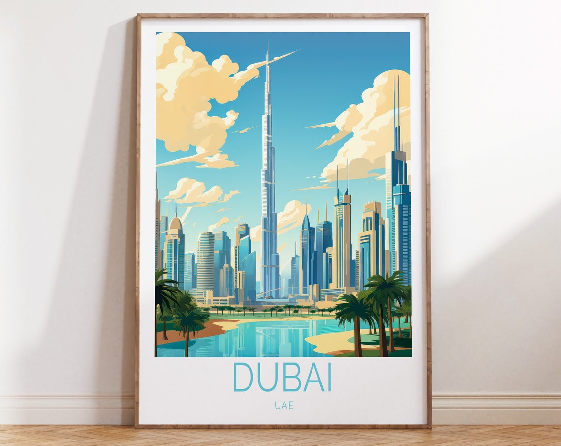 Dubai Burj Khalifa Daytime Skyline Illustrated Travel Poster