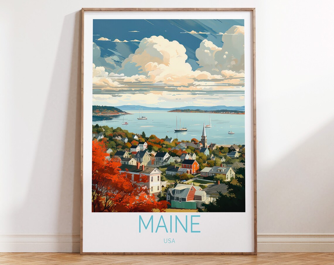 Maine USA Autumn Coastal Town Harbor Sailboats Scenic Travel Poster
