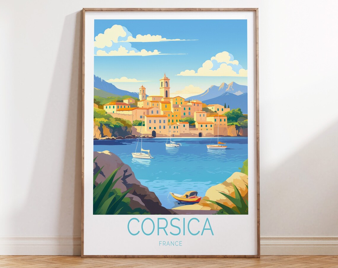 Corsica France Coastal Harbor Town Sailboats Scene Travel Poster
