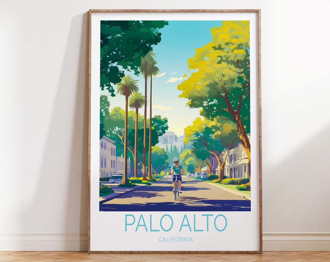 Palo Alto California Cyclist Riding Down Palm Lined Street Poster
