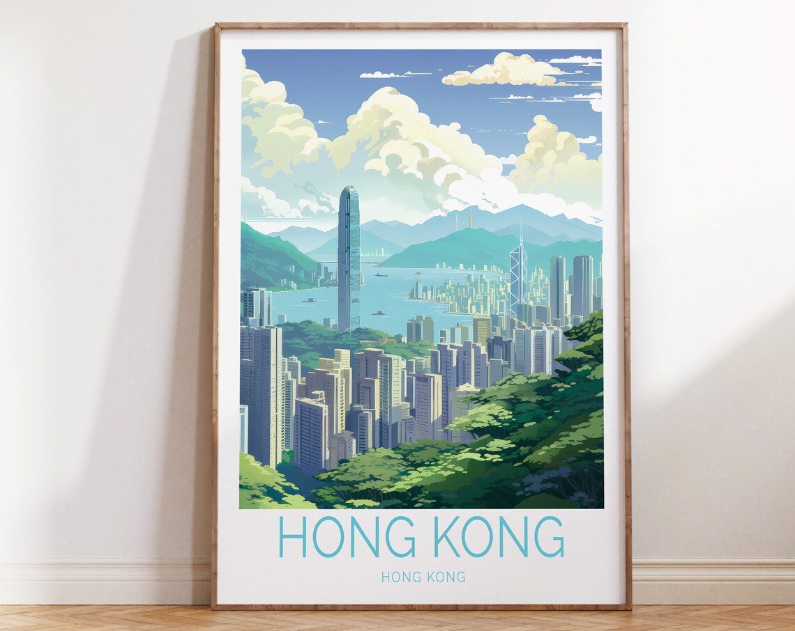 Hong Kong Victoria Harbour Skyline Panorama Retro Travel Poster