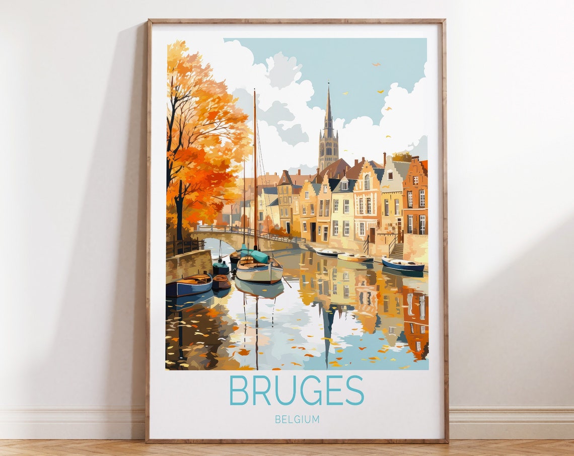 Bruges Belgium Autumn Canal Reflections Vintage Travel Poster Art