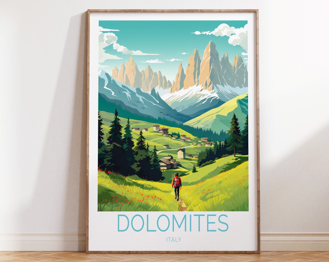 Dolomites Italy Travel Poster, Mountain Landscape