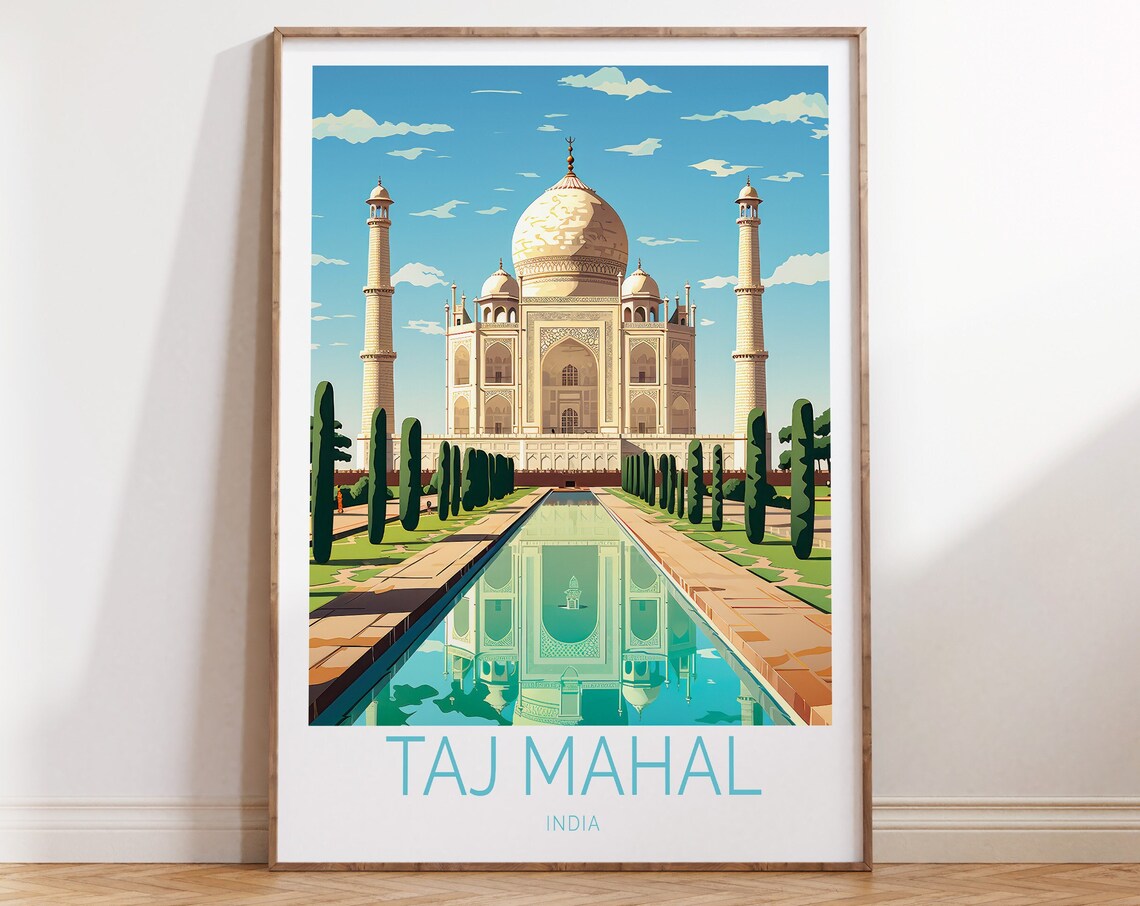 Taj Mahal India Reflecting Pool Landmark Illustrated Travel Poster