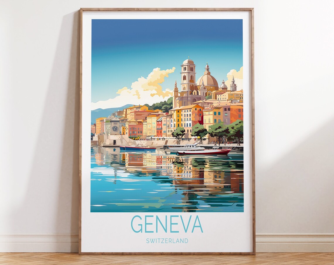 Geneva Switzerland Lake Waterfront Cathedral Vintage Travel Poster