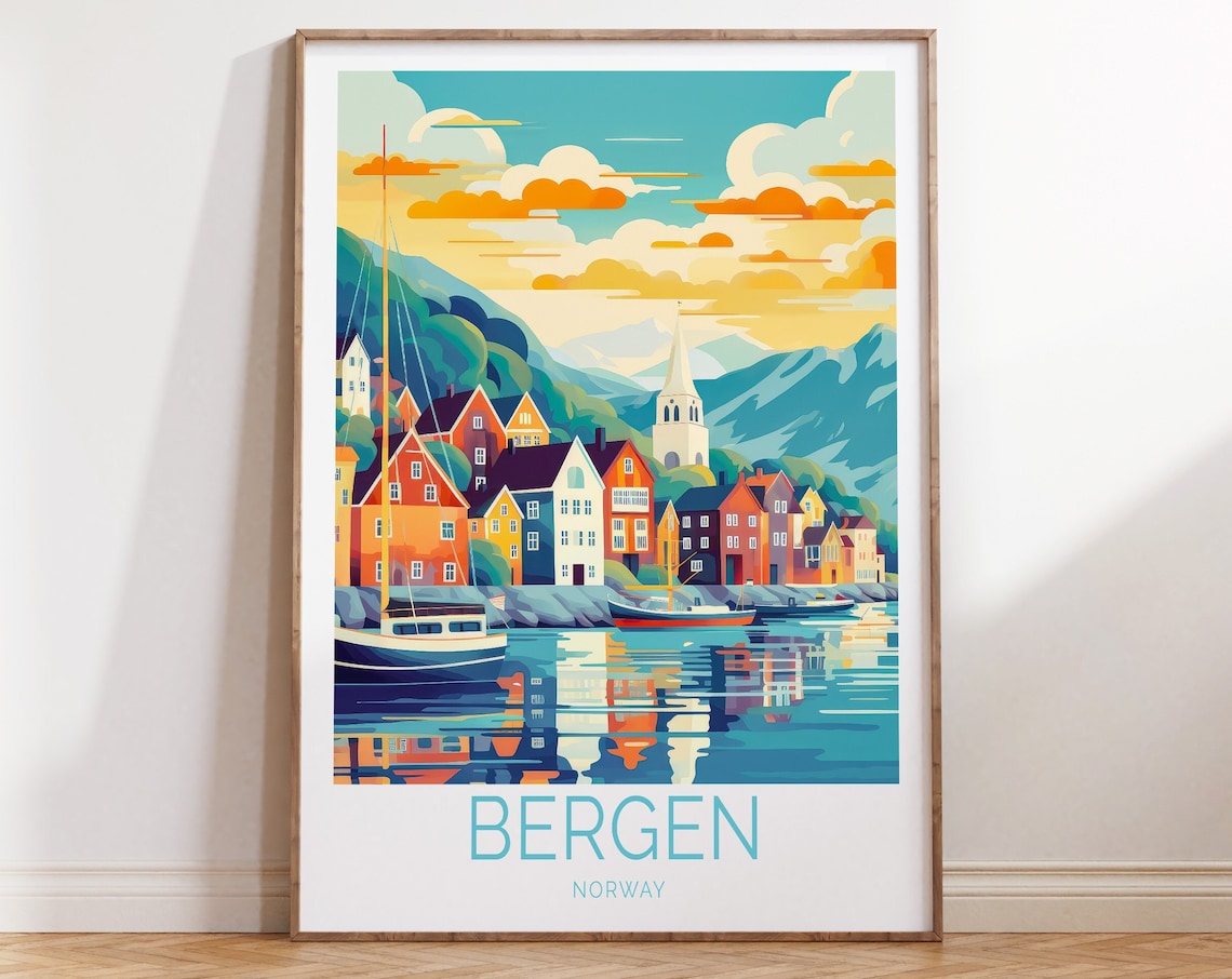 Bergen Norway Travel Poster, Europe Travel Art Print