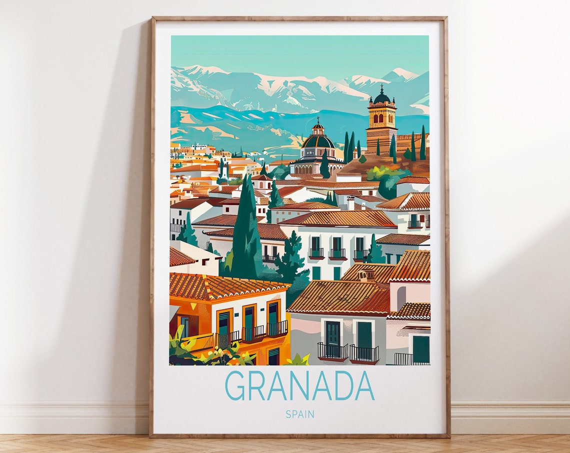 Granada Spain Old Town Rooftops Sierra Mountains View Travel Poster