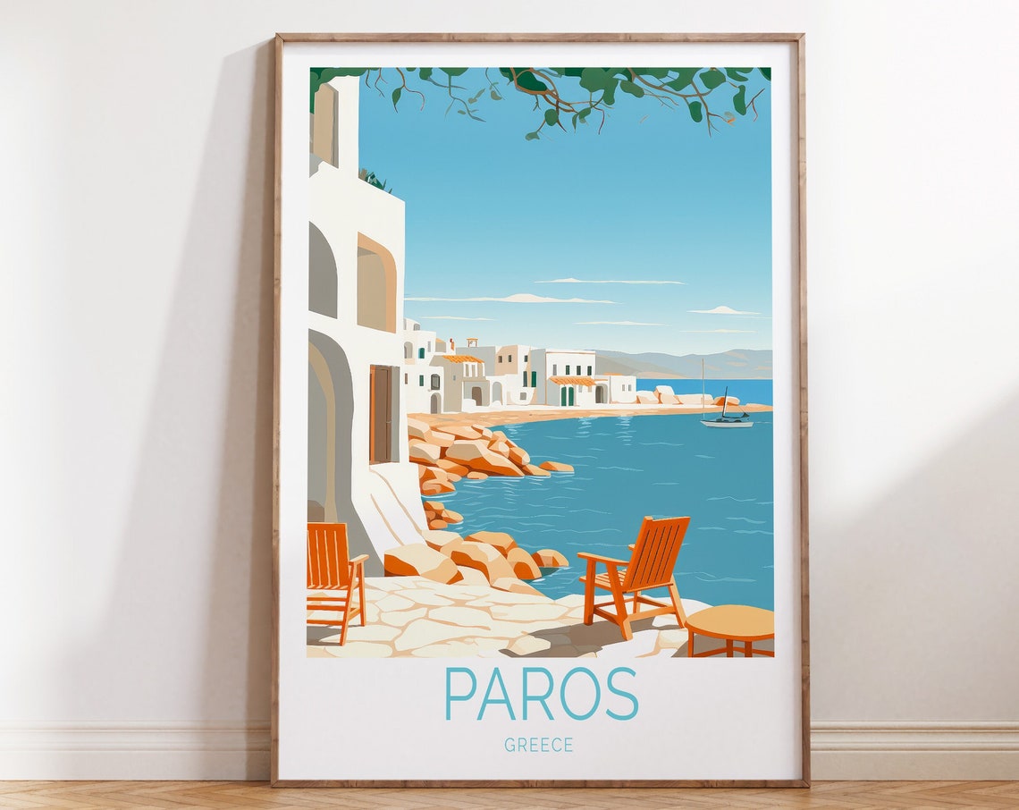Paros Greece Whitewashed Village and Turquoise Aegean Bay Poster
