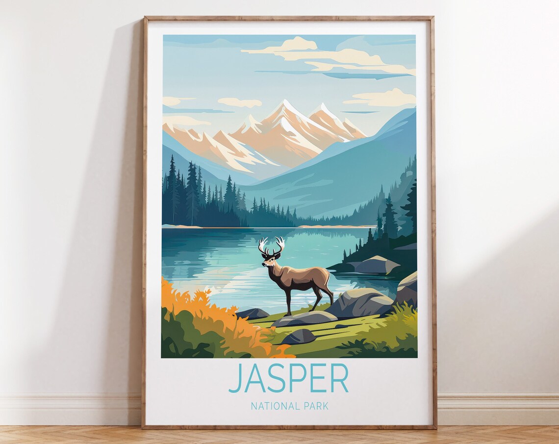 Jasper National Park Deer By Still Lake Sunrise Travel Poster