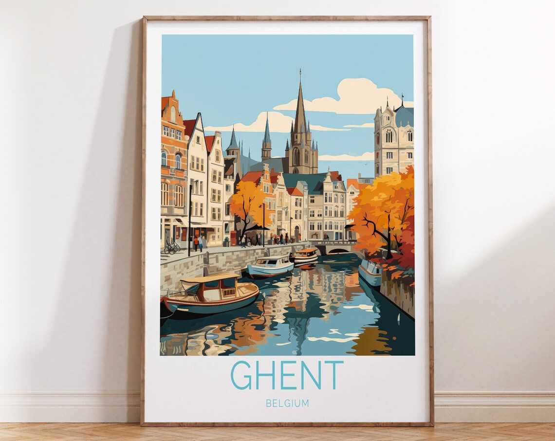 Ghent Belgium Canal Autumn Medieval Old Town Vintage Travel Poster