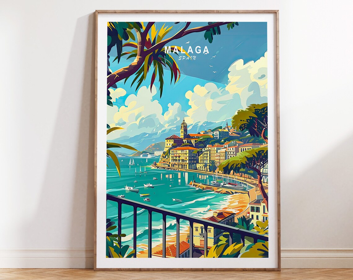 Malaga Spain Coastal Harbor View From Shady Terrace Travel Poster