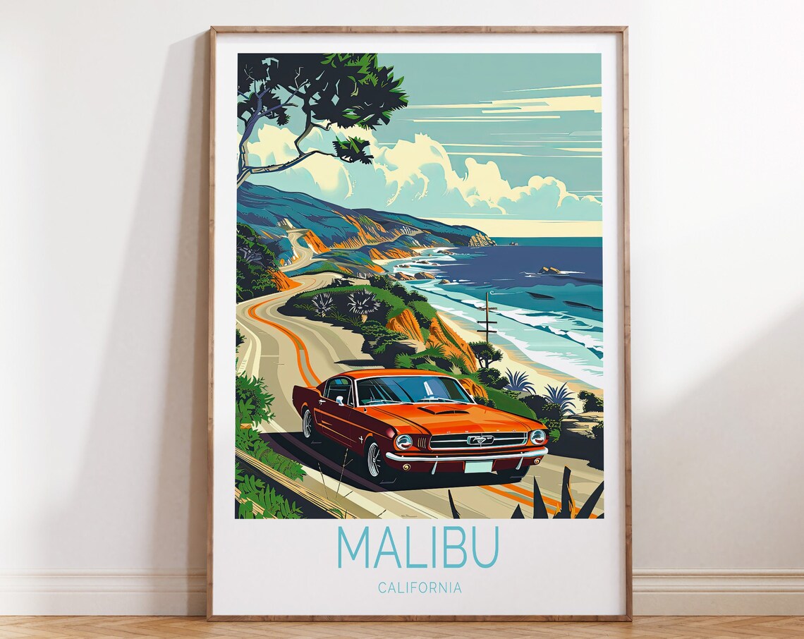 Malibu California Coastal Road Classic Red Mustang Travel Poster