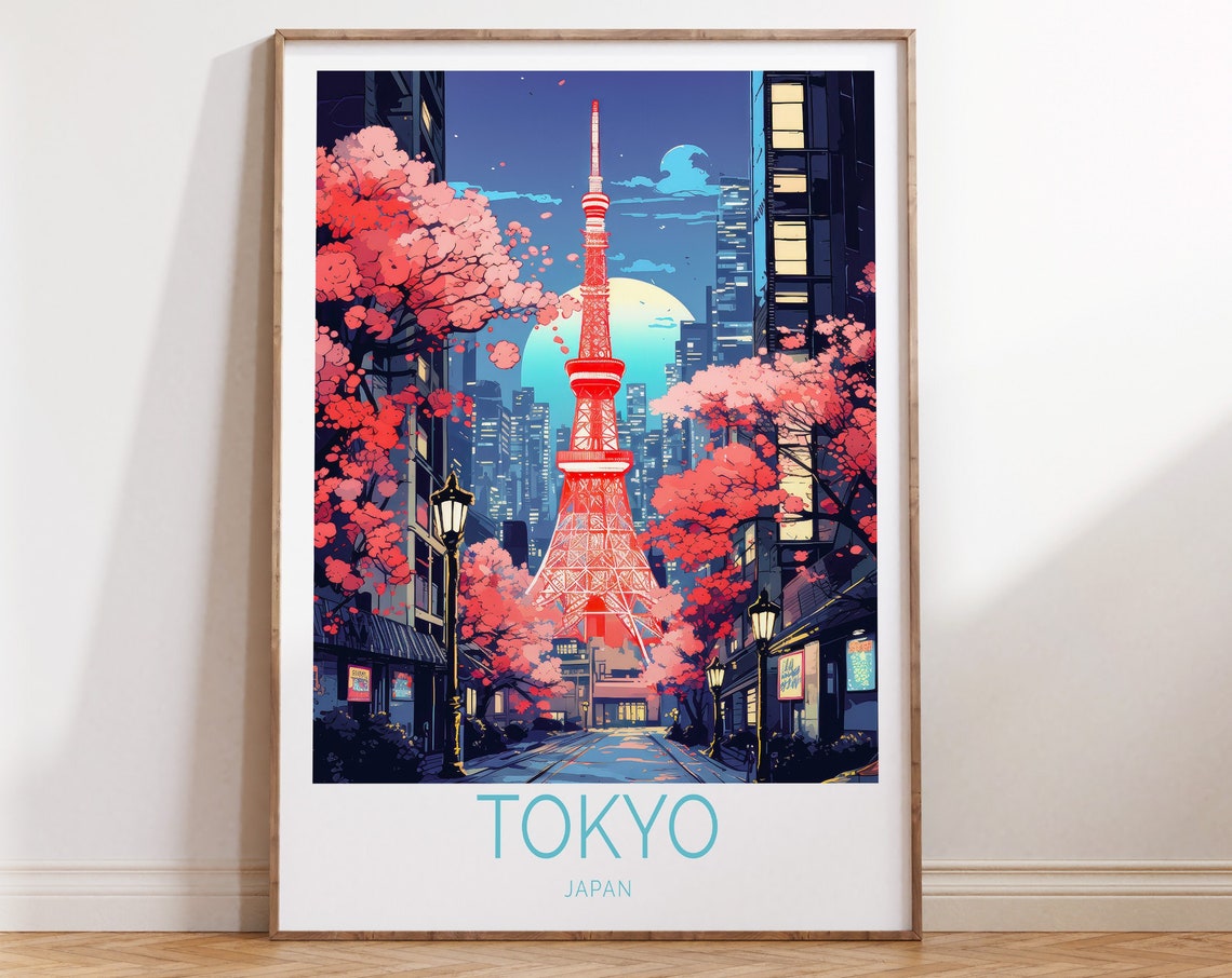 Tokyo Tower Night Scene With Cherry Blossoms Japan Travel Poster