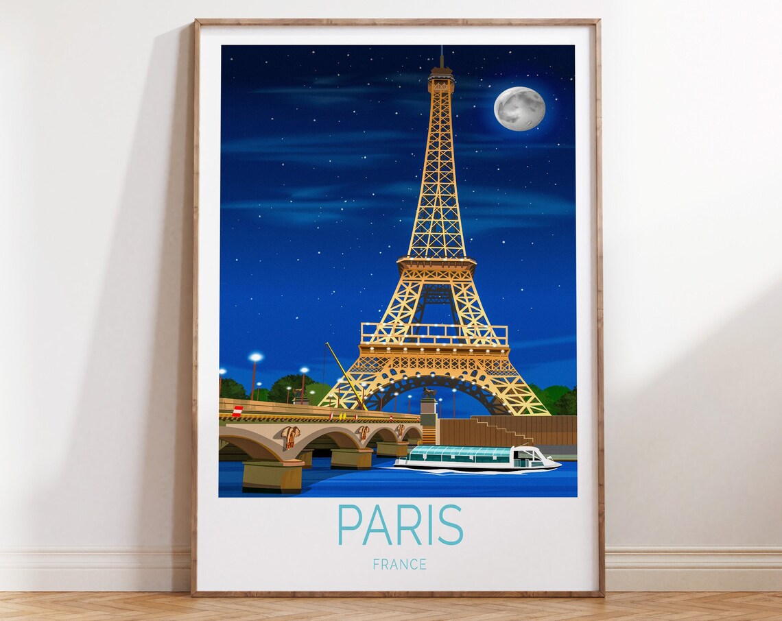 Paris France Eiffel Tower Moonlit Starry Night Vintage Travel Poster