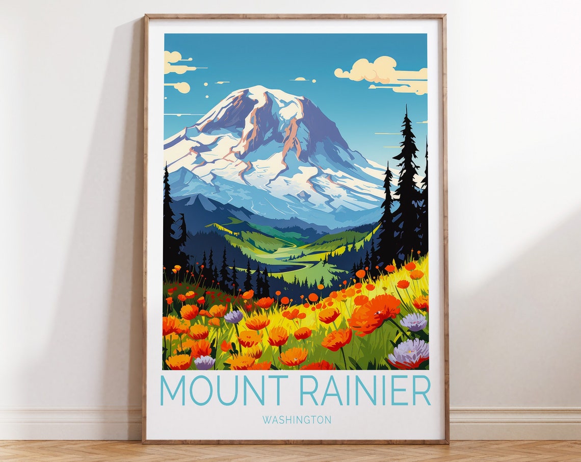 Mount Rainier Washington Snowy Peak Wildflower Meadow Scenic Poster