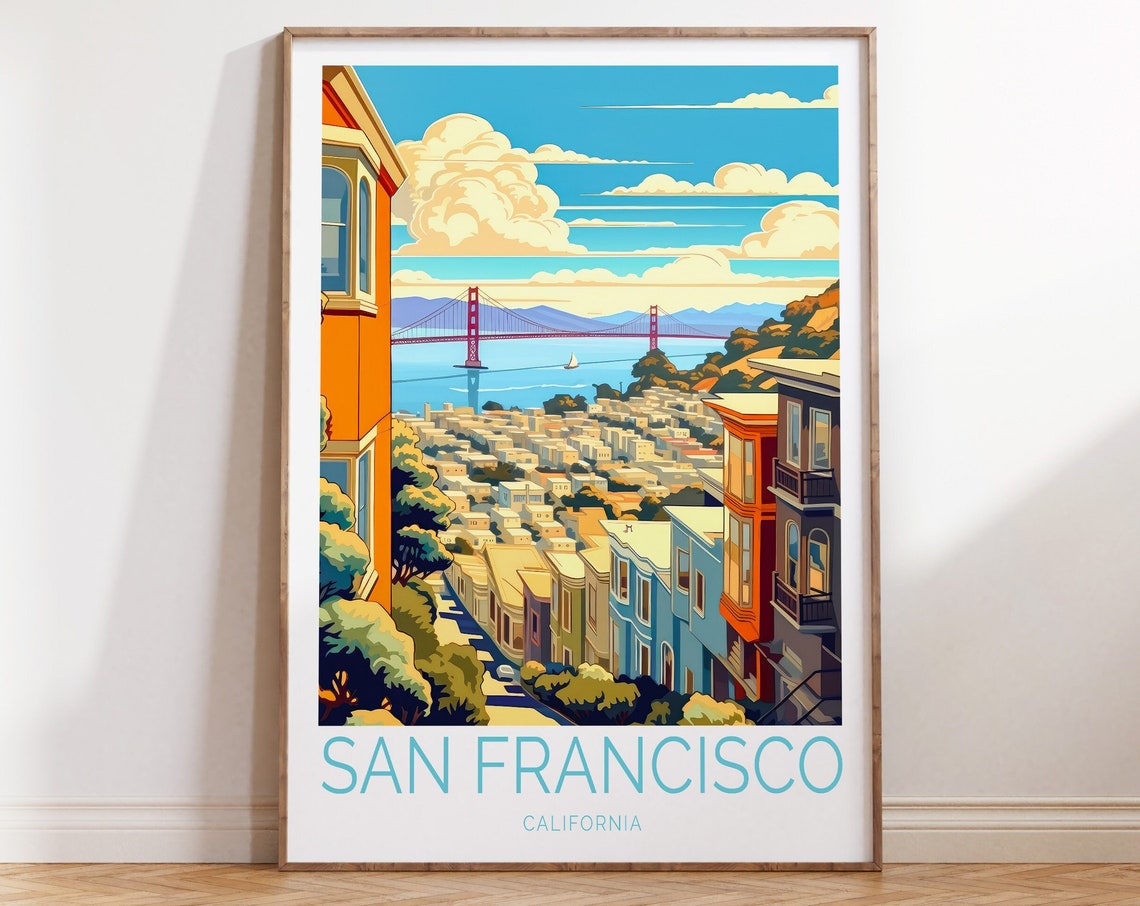 San Francisco Golden Gate Bridge Hills Retro Travel Poster Art