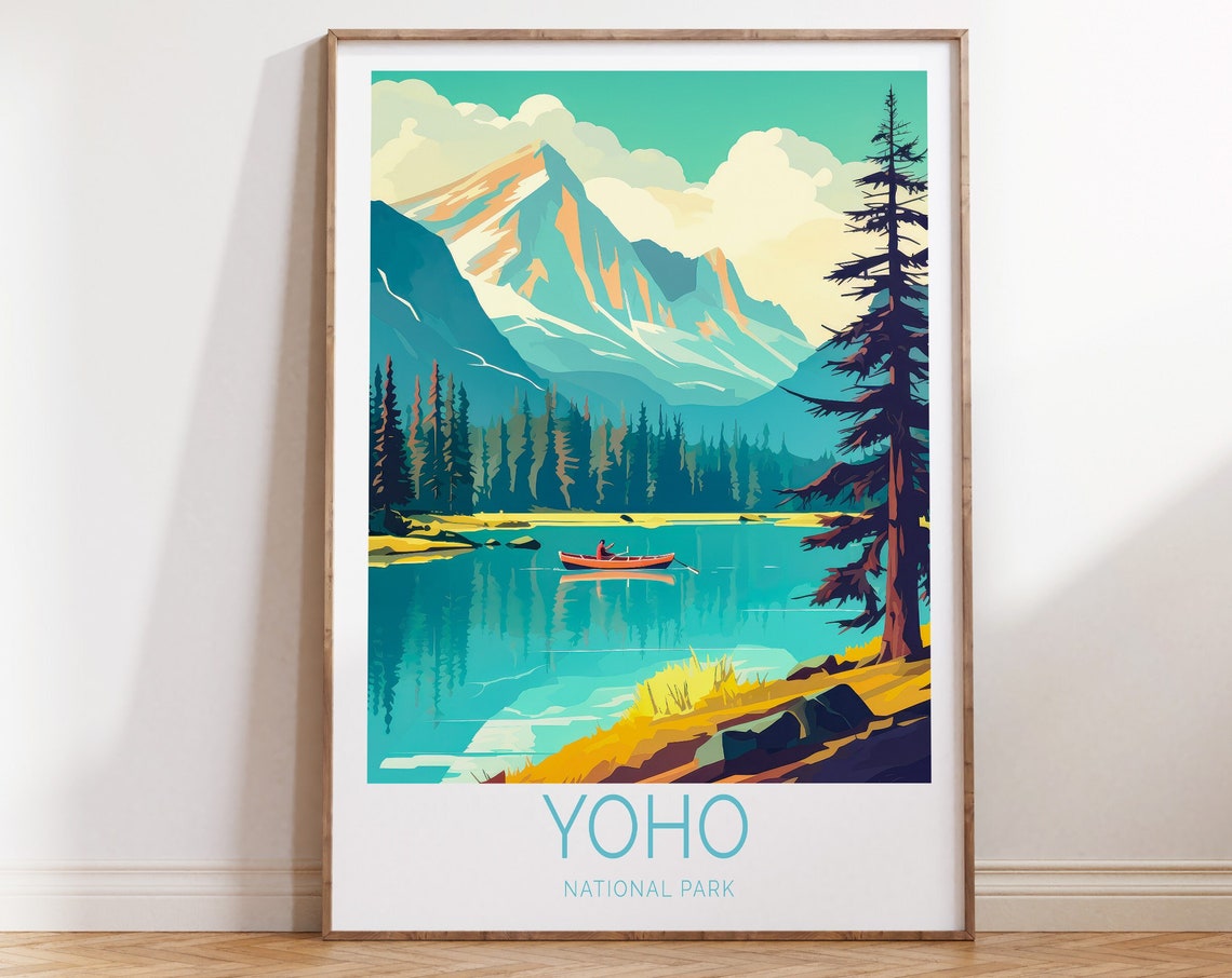 Yoho National Park Canoe On Turquoise Mountain Lake Decor Poster