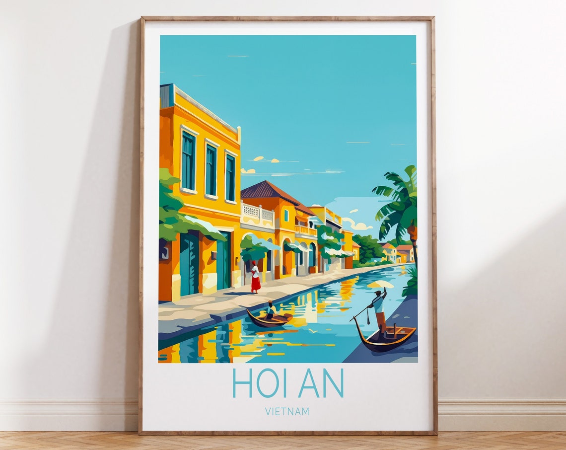 Hoi An Vietnam Old Town Canal Yellow Buildings Boat Scene Poster