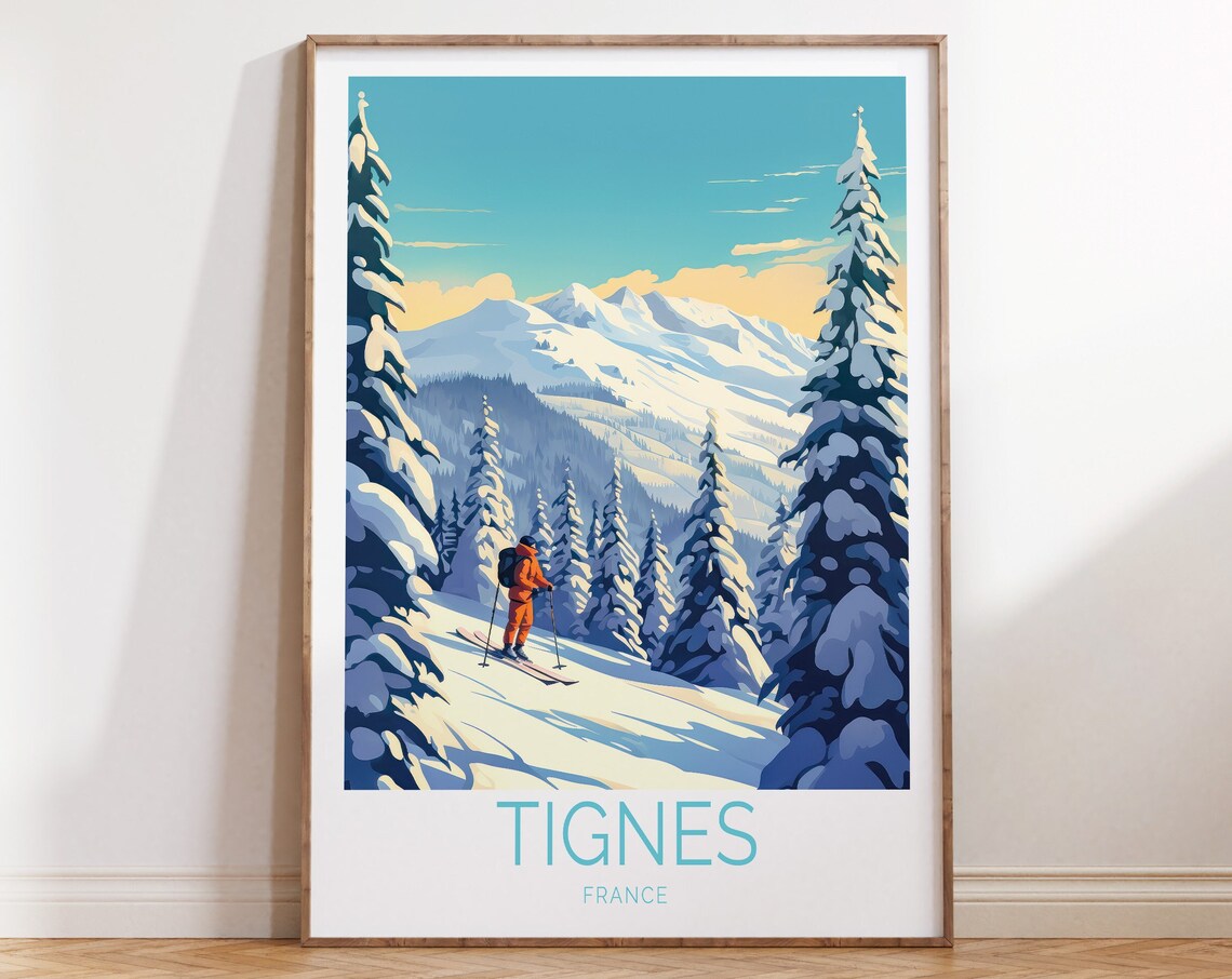Tignes France Alpine Ski Slope Snowy Pines Skier Travel Poster