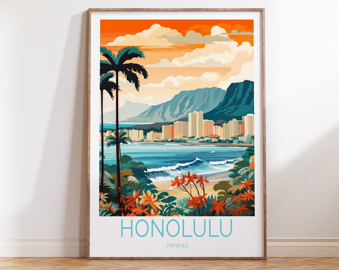 Honolulu Hawaii Coastal Travel Poster with Diamond Head View