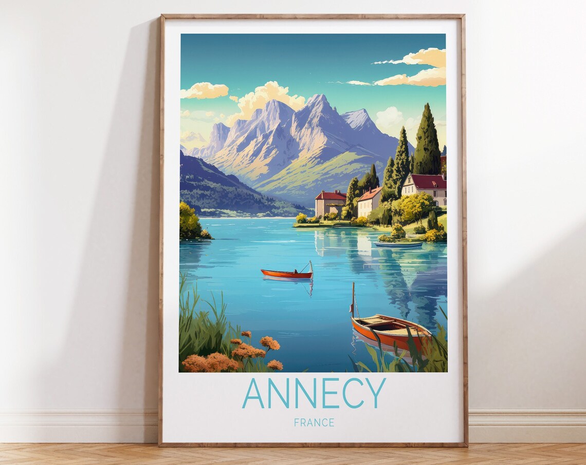 Annecy France Lake Alpine Mountains Wooden Boats Scene Poster