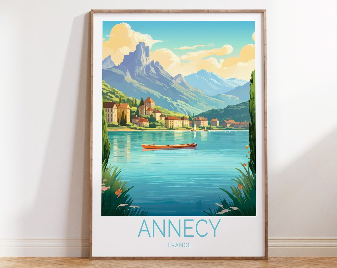 Annecy France Alpine Lake Canoe Mountain Village Travel Poster