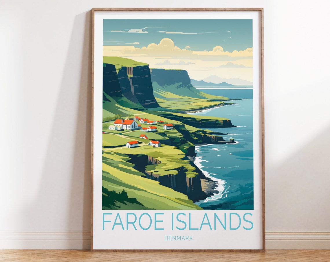 Faroe Islands Denmark Green Cliffs Red Cottages Vintage Travel Poster