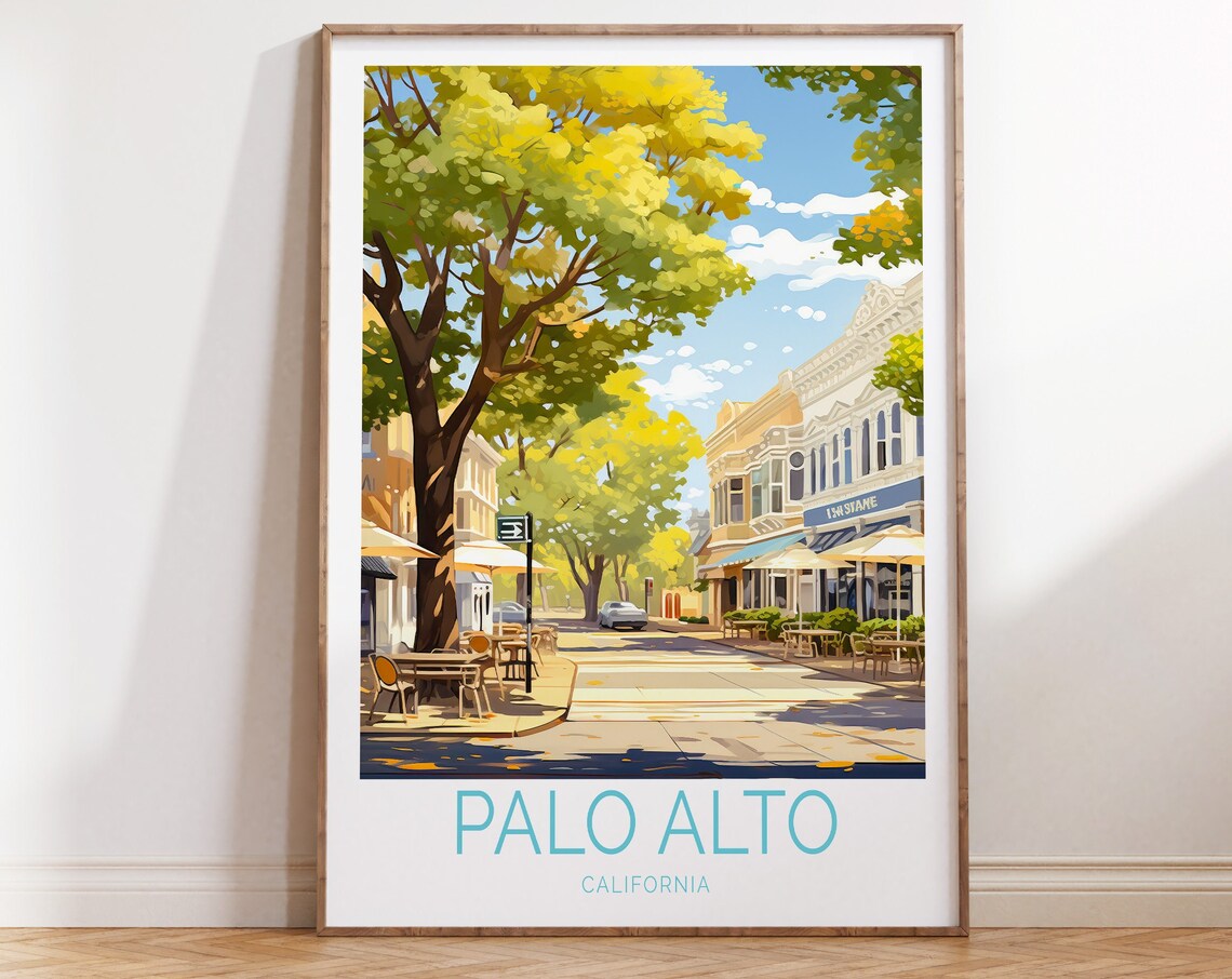 Palo Alto California Leafy Cafe Street Sunshine Retro Travel Poster