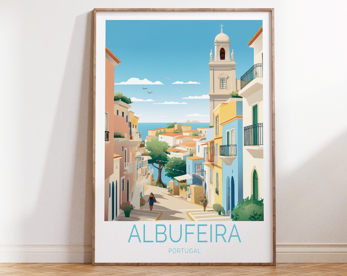 Albufeira Portugal Old Town Church Tower Street Vintage Travel Poster
