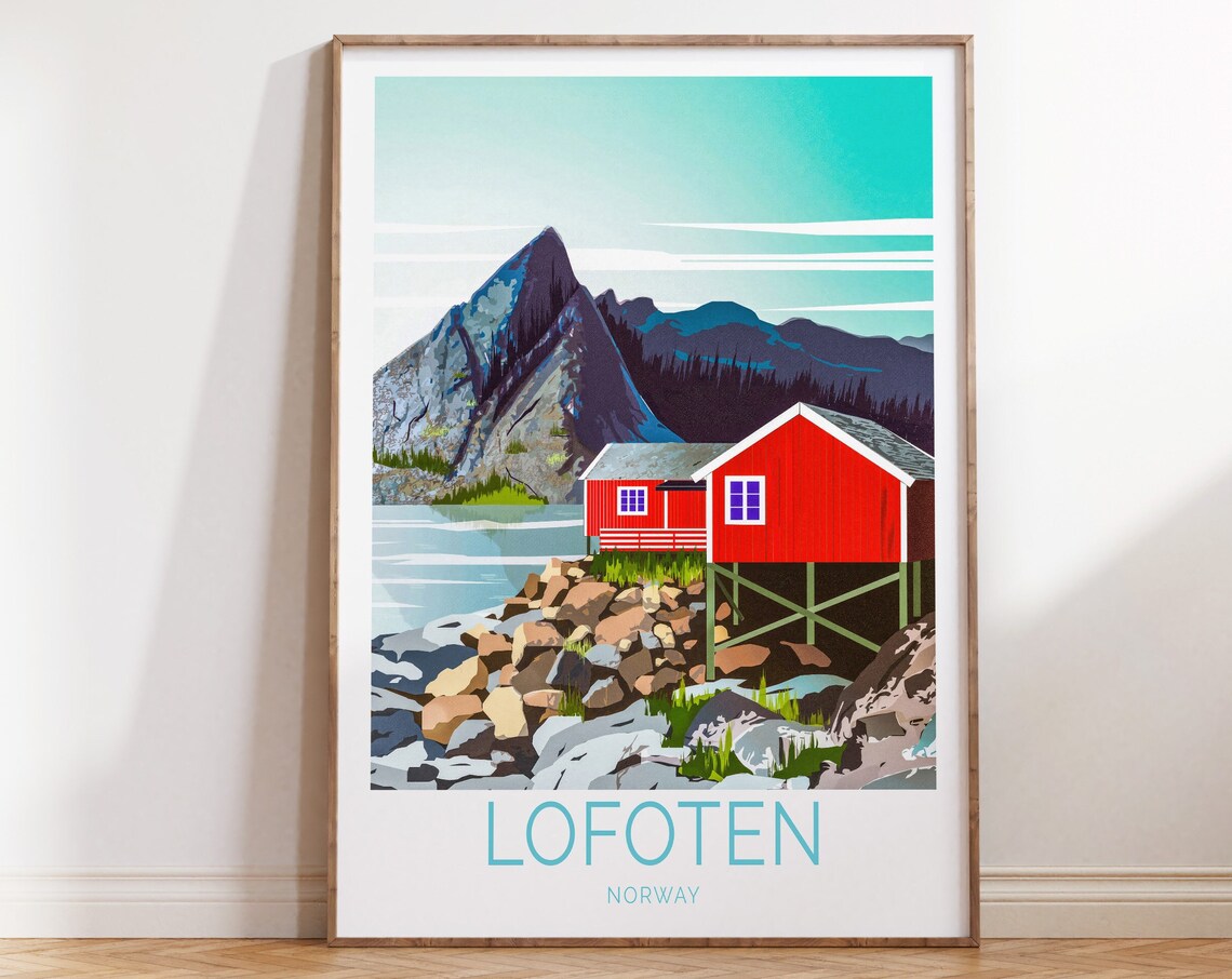 Lofoten Norway Red Cabin Fjord View Illustrated Travel Poster