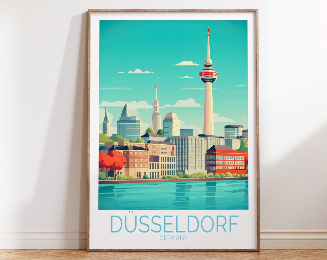 Dusseldorf Germany Retro City Skyline Over River Travel Poster