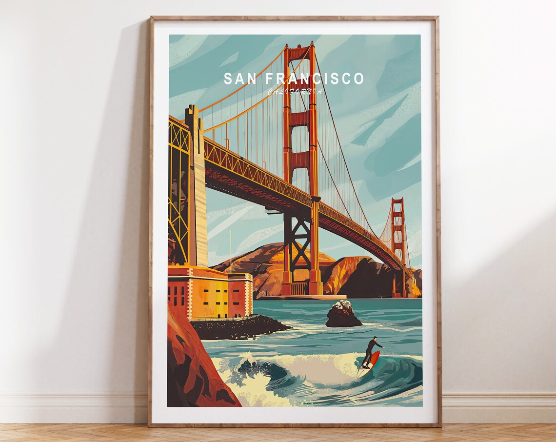 San Francisco Golden Gate Bridge Surfer Vintage Travel Poster