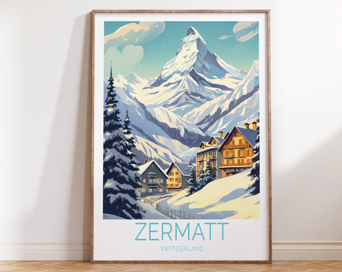 Zermatt Switzerland Winter Travel Poster, Wall Art Print