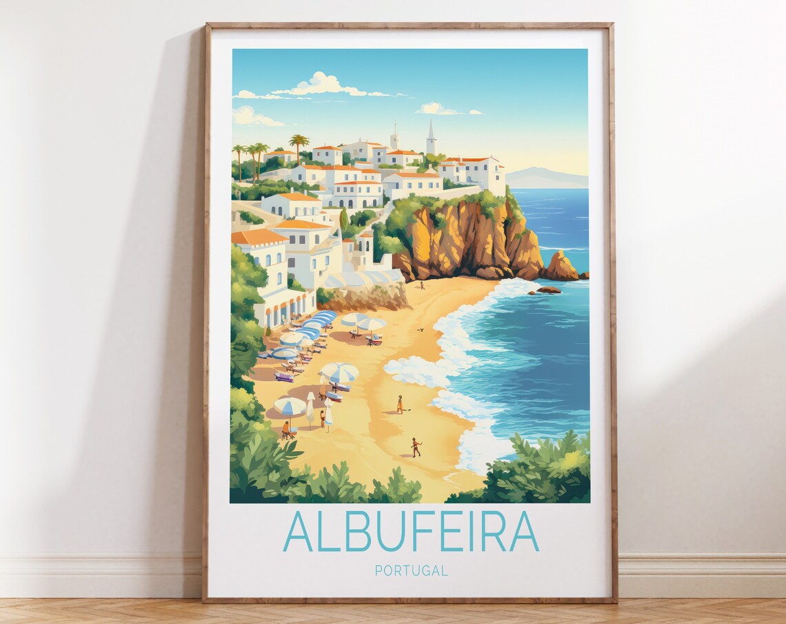 Albufeira Portugal Golden Beach Cliff Town Vintage Travel Poster