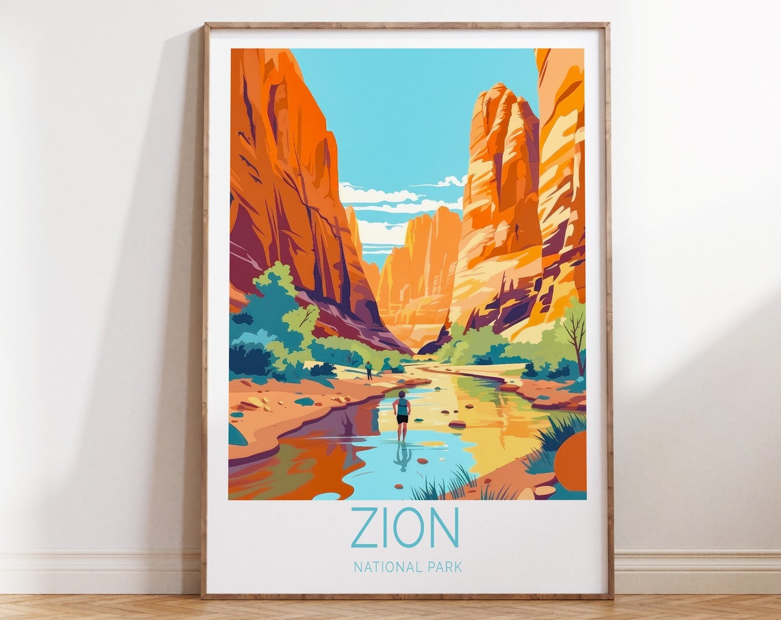 Zion National Park Utah Canyon River Hiker Orange Cliffs Poster