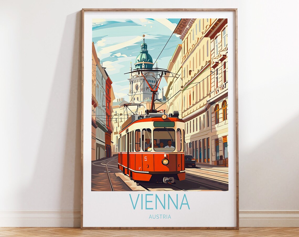 Vienna Austria Red Streetcar Historic Tram Vintage Travel Poster