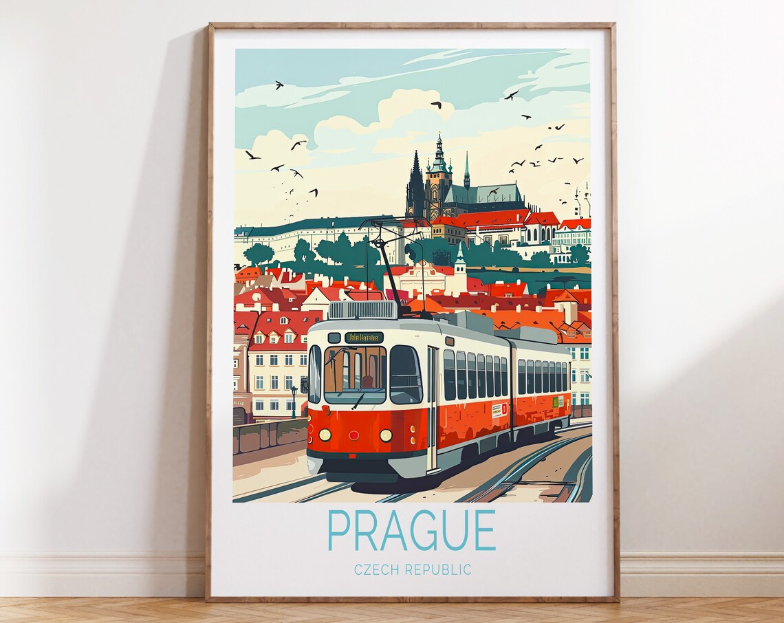 Prague Czech Republic Red Tram Castle Hill View Travel Poster