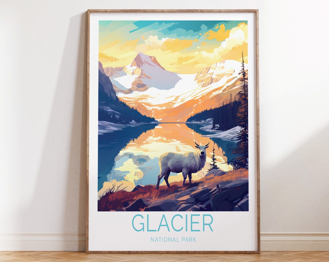 Glacier National Park Mountain Goat By Golden Lake Sunset Poster